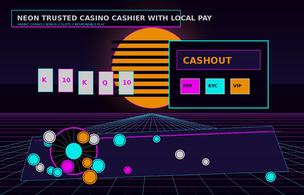 Vaporwave casino scene with slots roulette cards and neon cashier screens